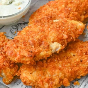 Close up of buffalo chicken tenders.