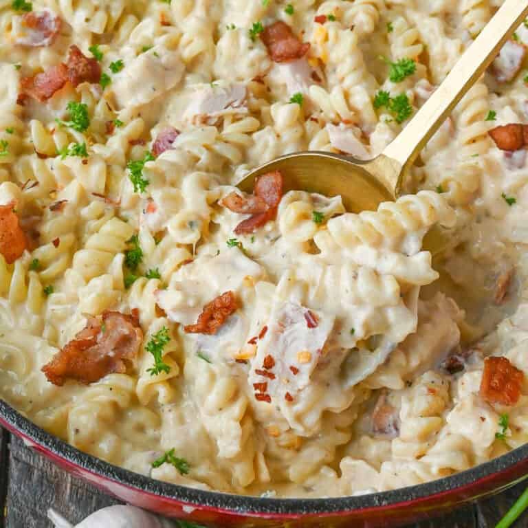 A spoon scooping up some chicken bacon pasta.