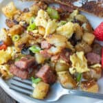 Breakfast hash on a plate.
