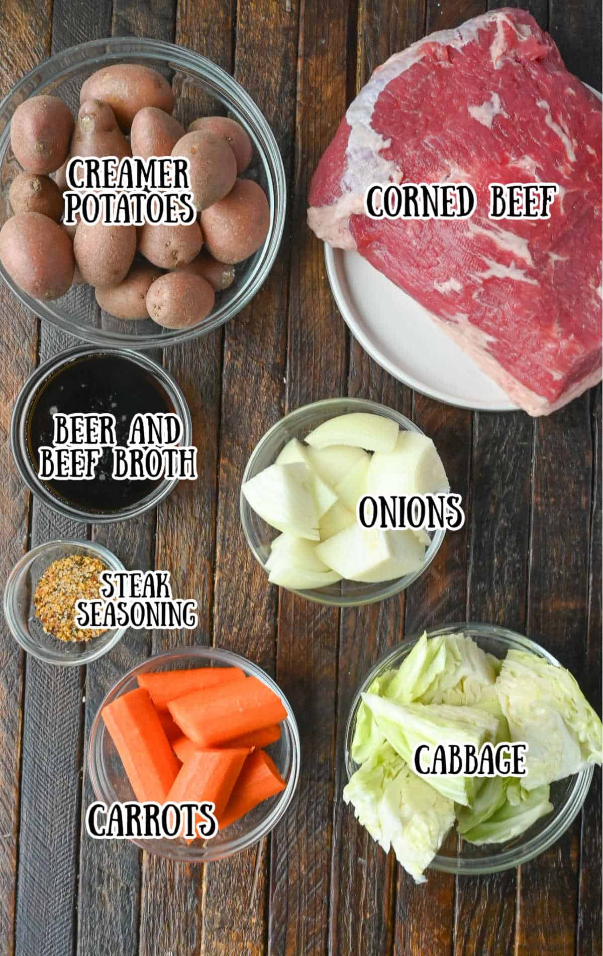 All the ingredients needed for the corned beef and potatoes recipe.