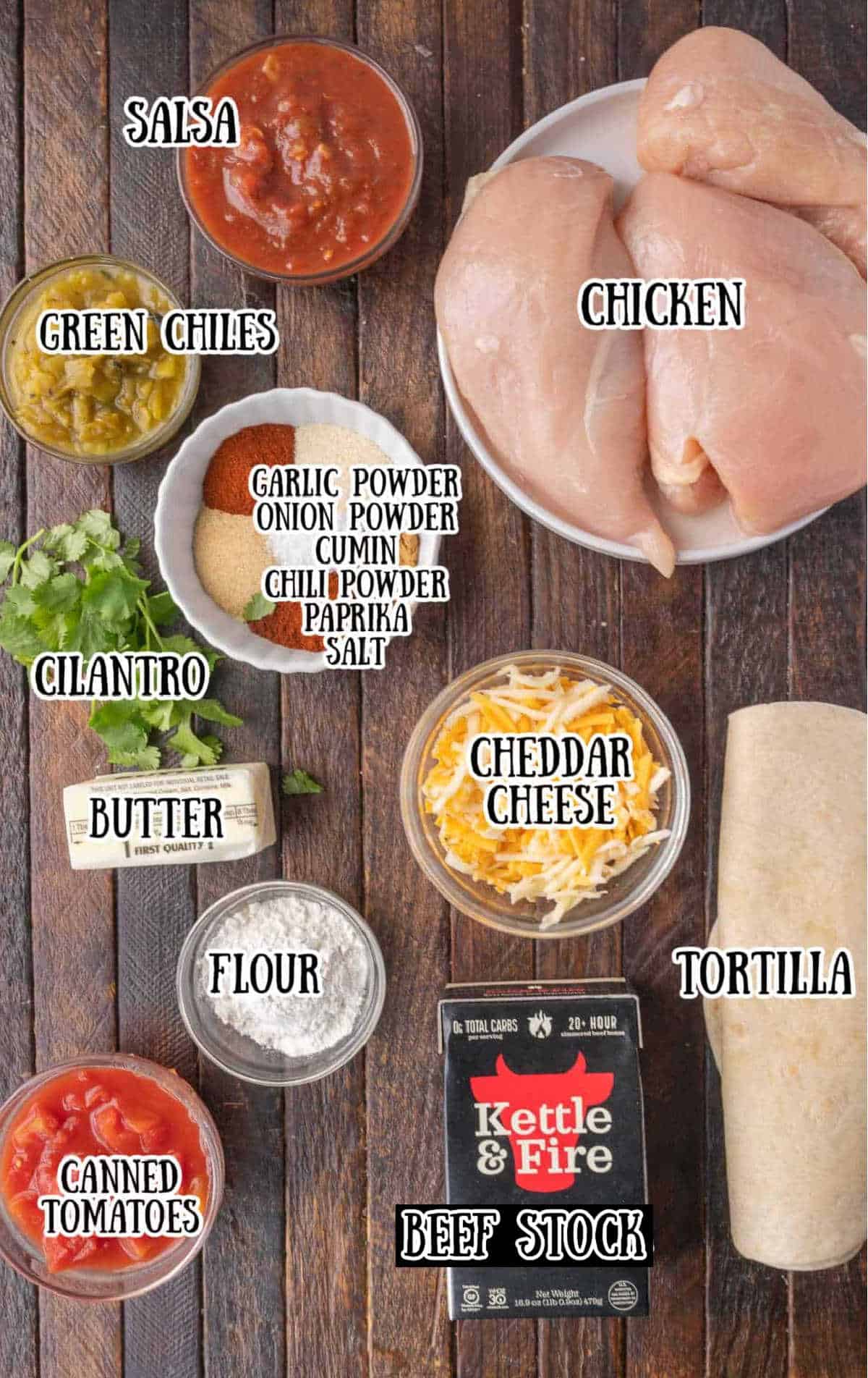 All the ingredients needed for smothered chicken burritos