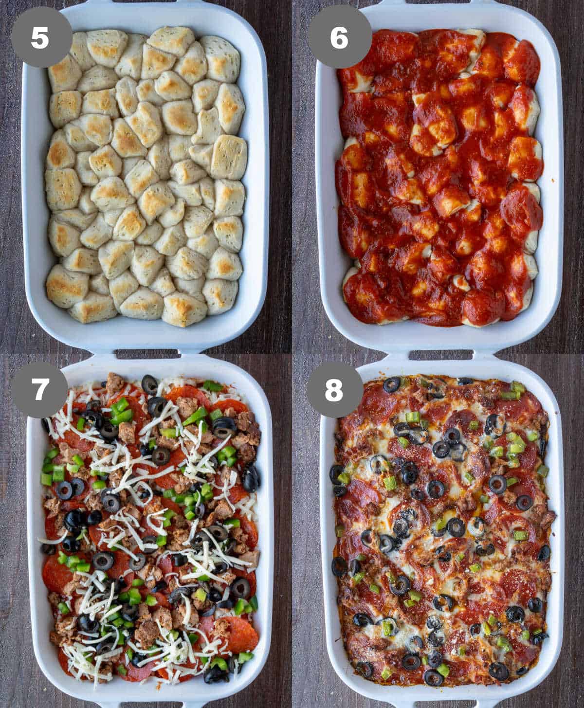 Steps 5 through 8 of making bubble up pizza bake.