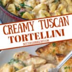 Tuscan tortellini in a red skillet pinterest pin.