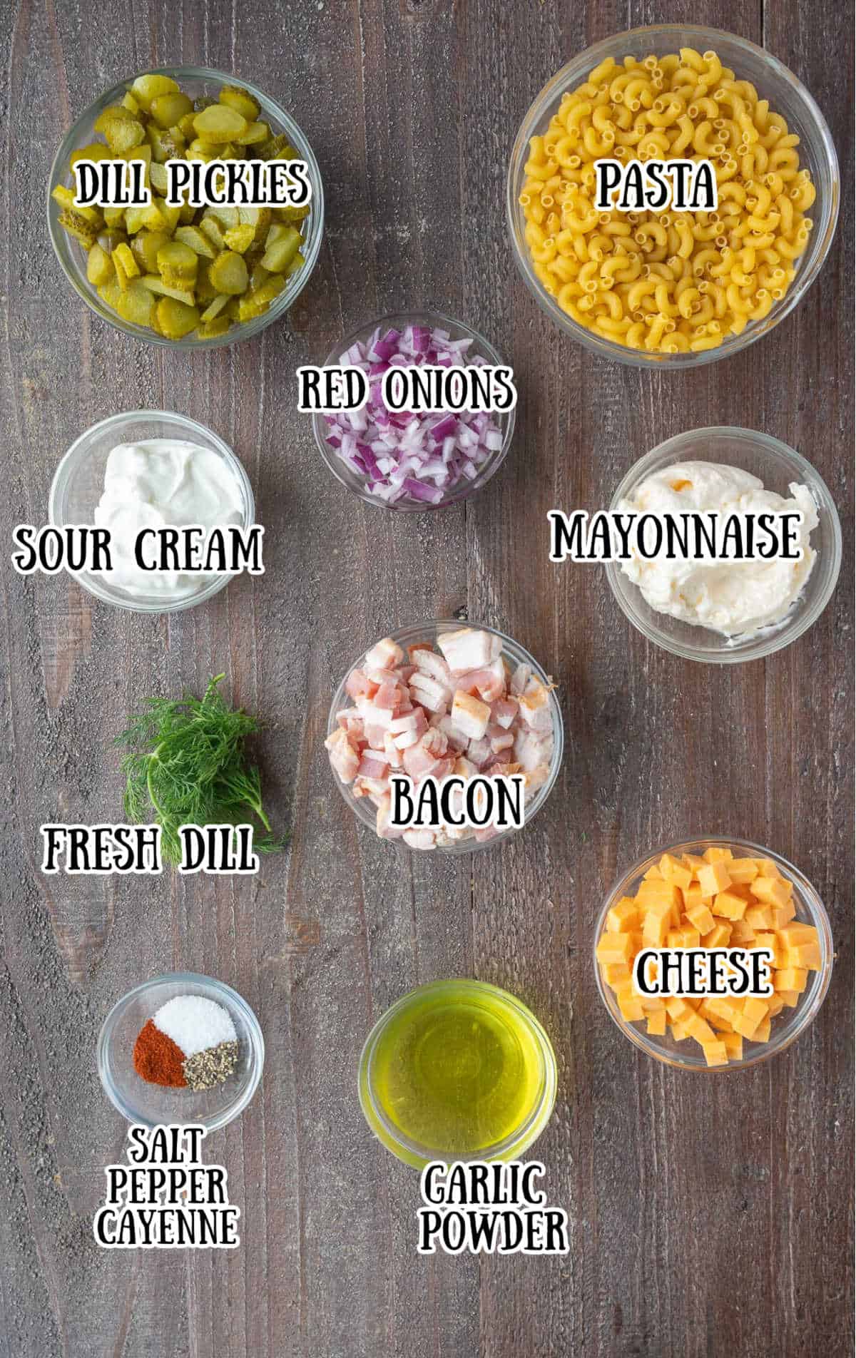 All of the ingredients needed for this pasta salad.
