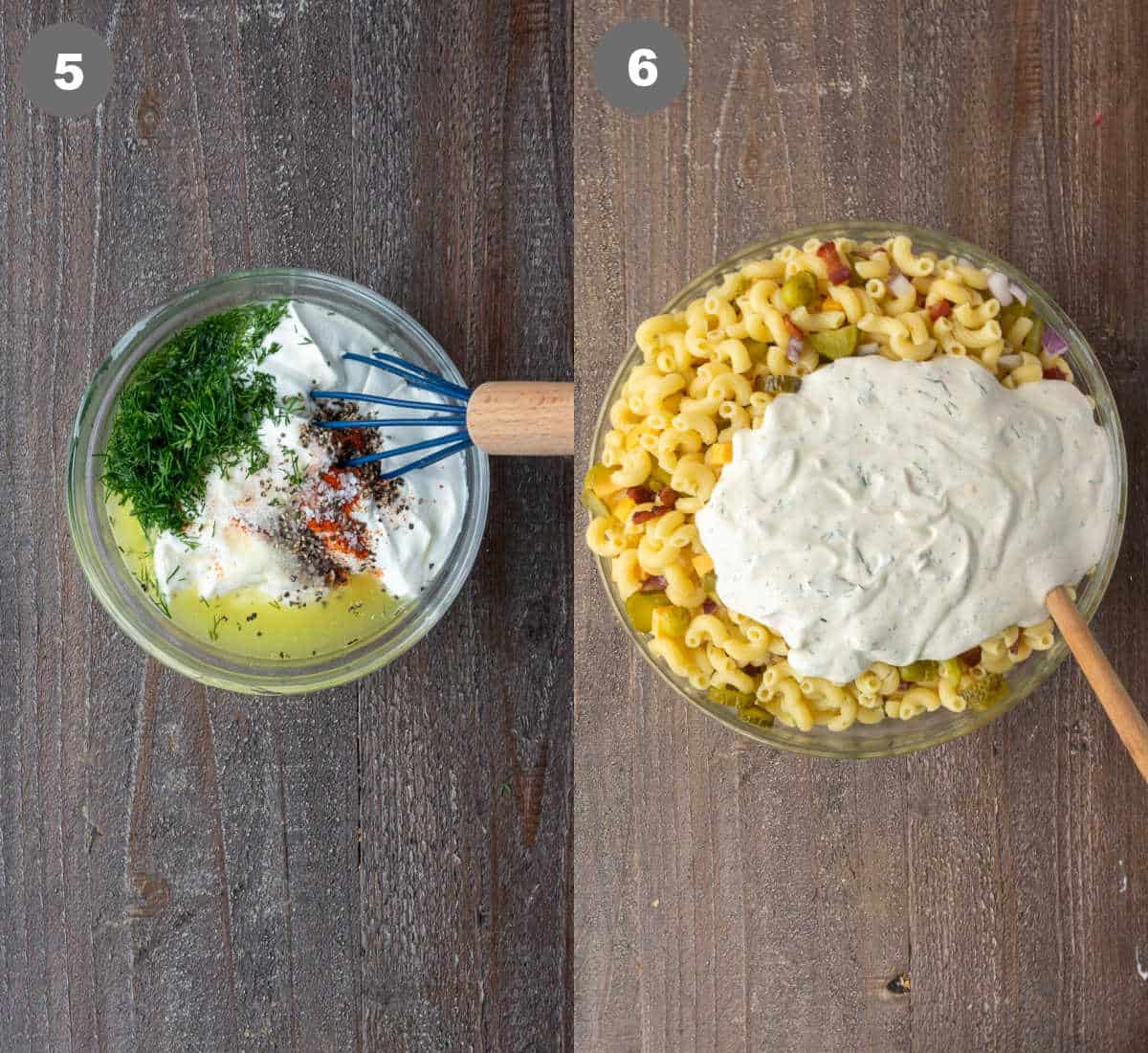 Dressing mixed in a bowl then added to the pasta.