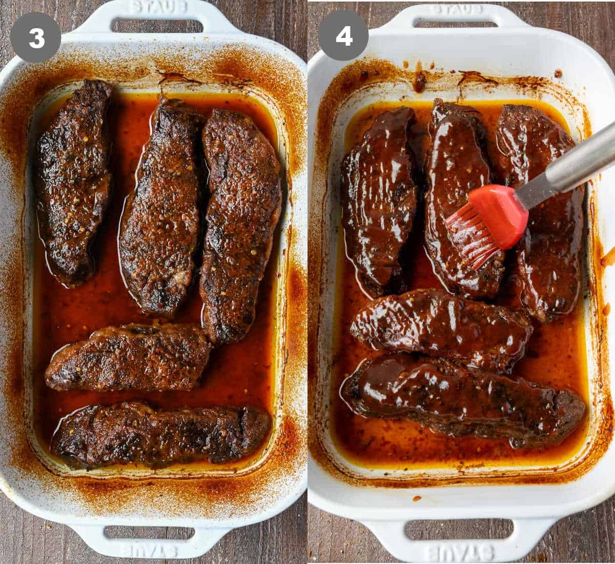 Oven baked ribs baked in a baking dish with bbq sauce on top.