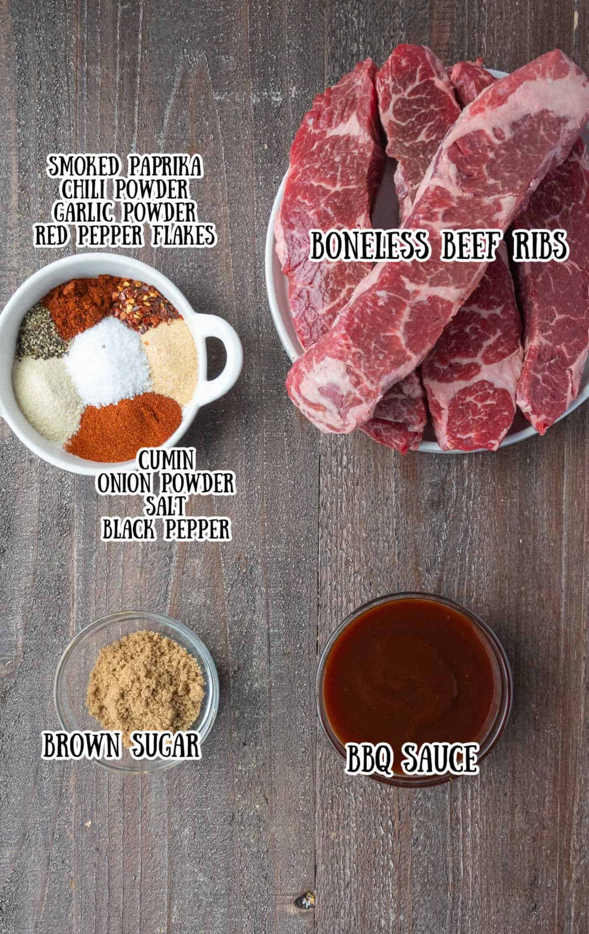 All the ingredients needed for these boneless baked ribs.