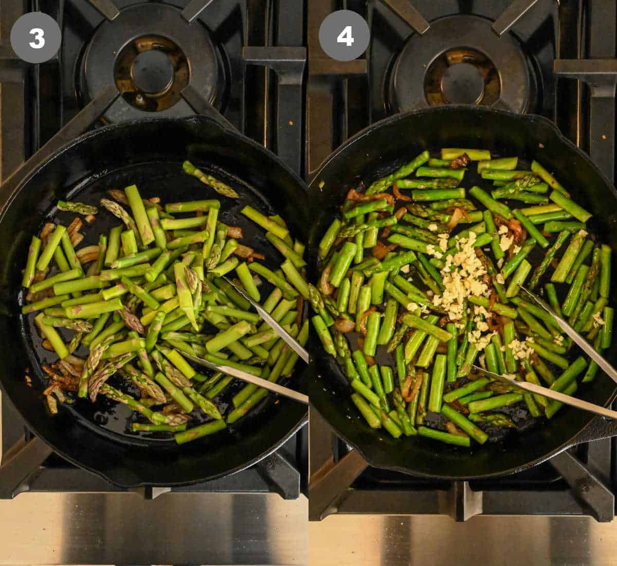 Asparagus sauteed in a skillet and garlic added.