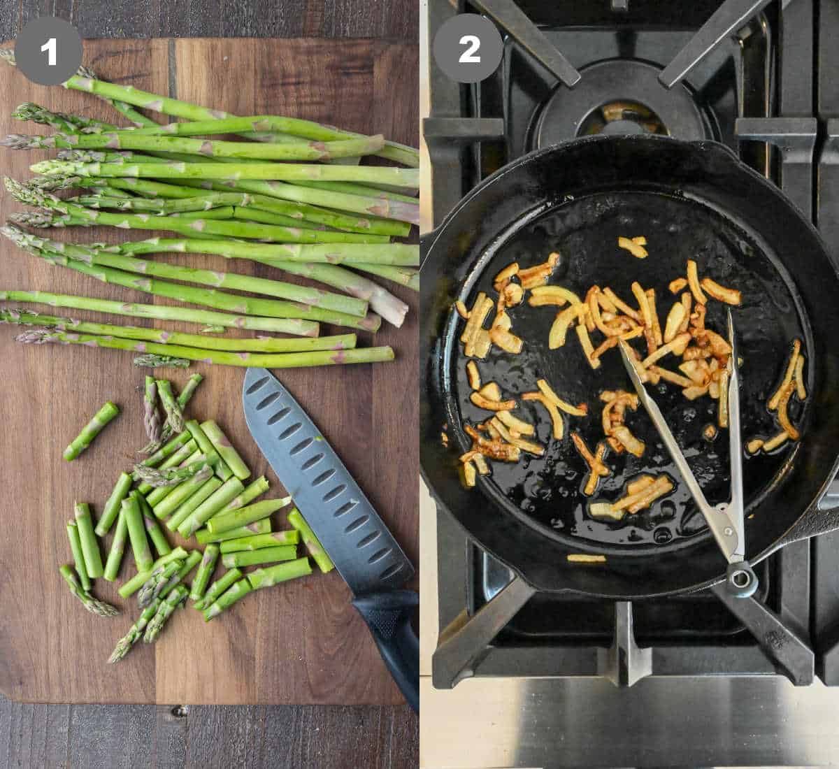 Asparagus being cut into 1 inch pieces and onions sauteed in a skillet.