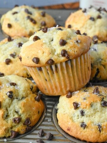 Close up of muffins on a muffin tin.