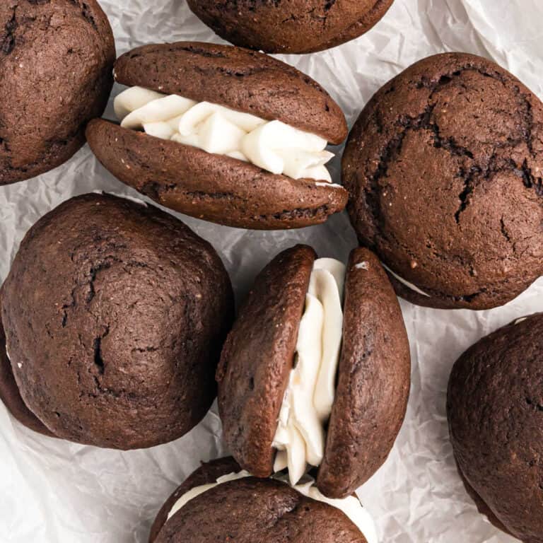 Close up of whoopie pies made with chocolate cake mix.