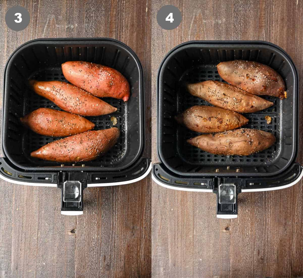 Steps 3 and 4 for making air fryer baked sweet potatoes.