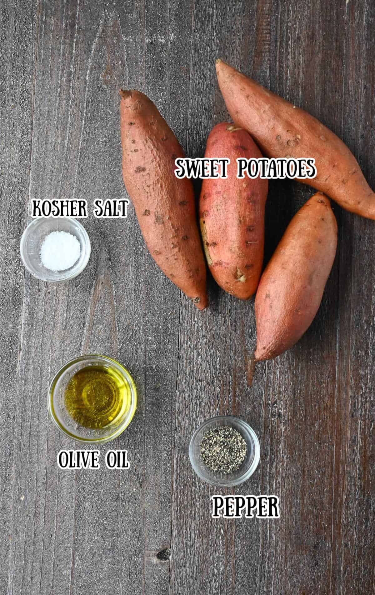 Labelled ingredients for air fried sweet potatoes.