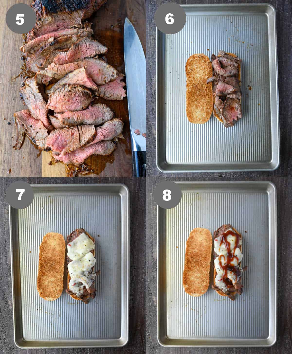 Steps 5 through 8 for making a grilled tri tip sandwich.