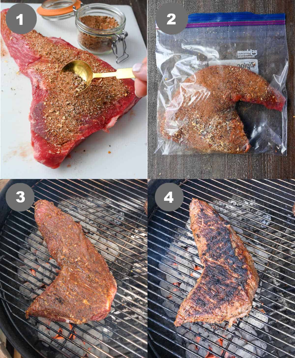 Steps 1 through 4 of making a grilled tri tip sandwich.