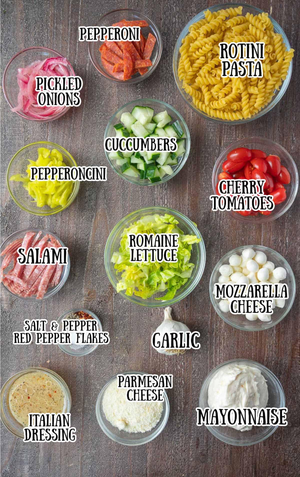 All the ingredients needed for this grinder pasta salad.