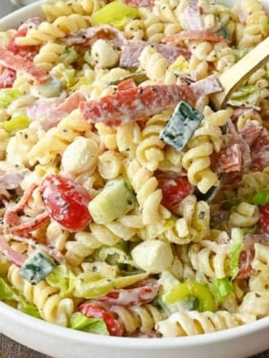 A spoon scooping up some grinder pasta salad.