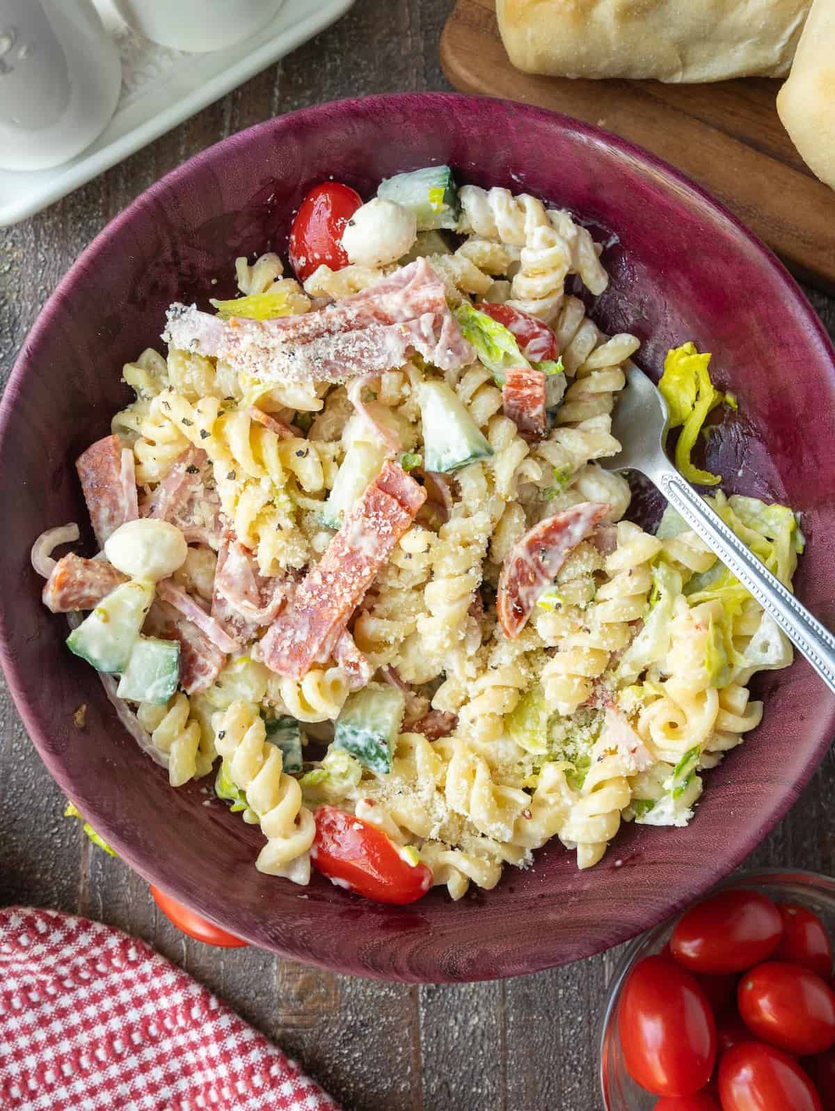 A serving of pasta salad in a bowl.