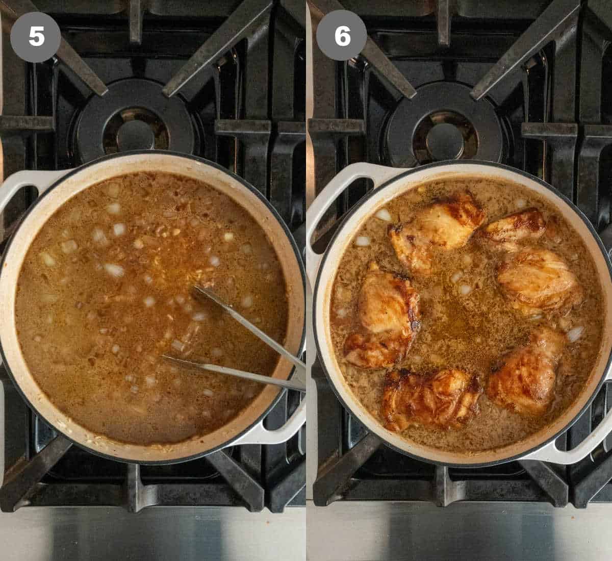 Steps 5 and 6 for making hibachi chicken and rice bake.