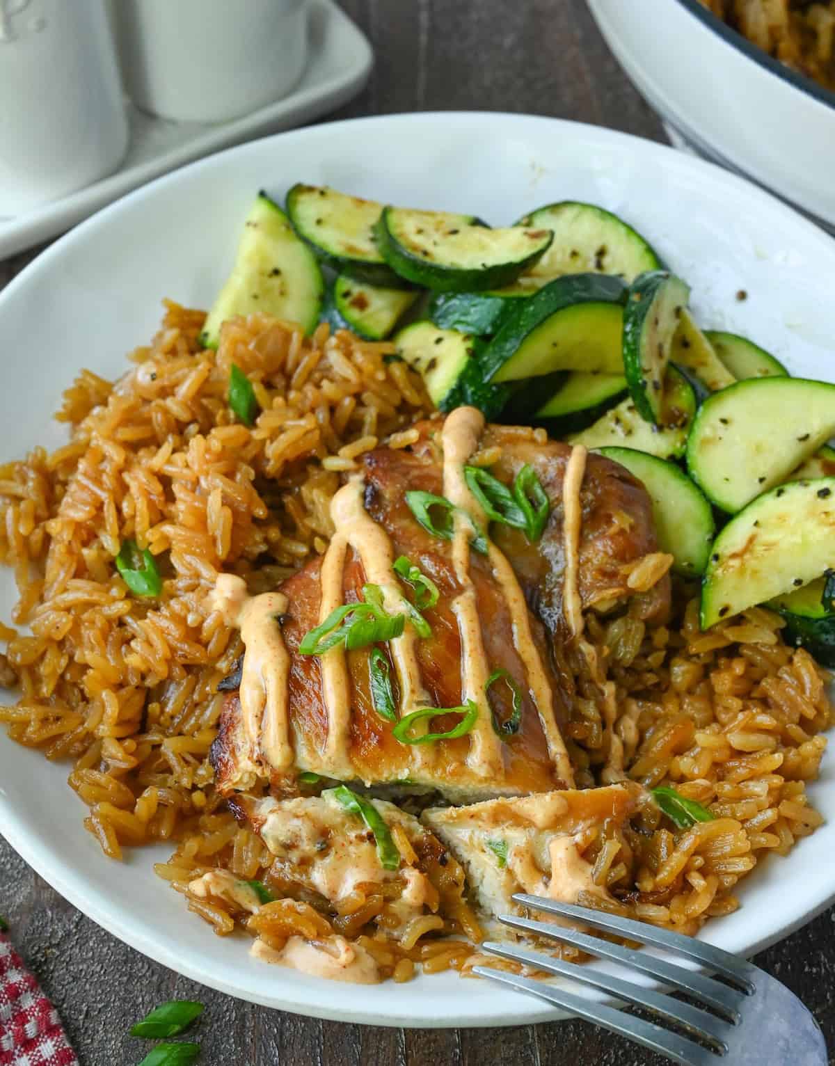 A plate of hibachi chicken and rice bake.