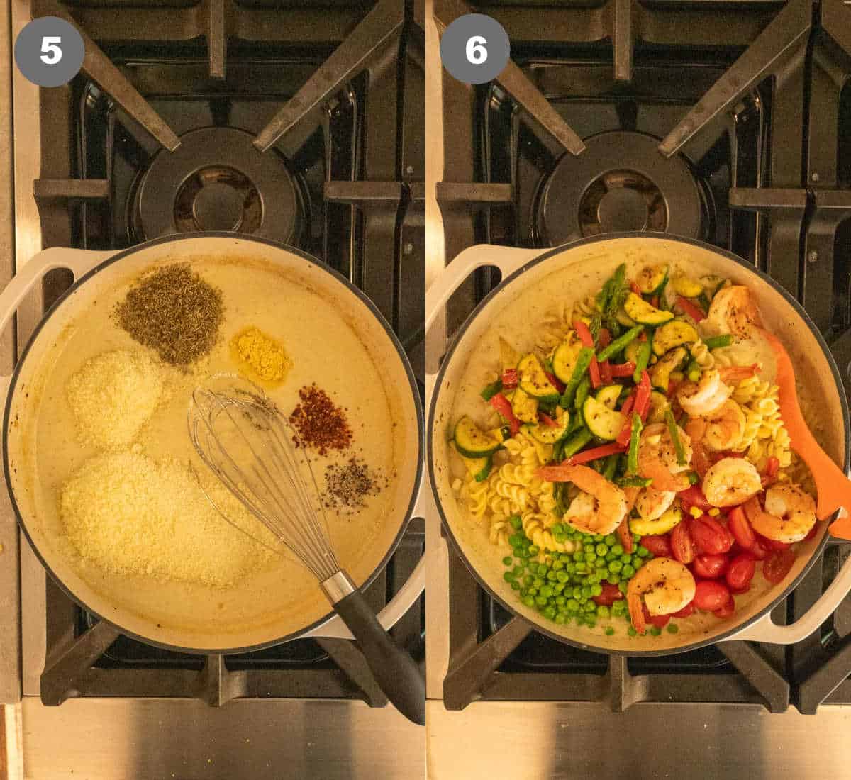 Steps 5 and 6 for making shrimp primavera.