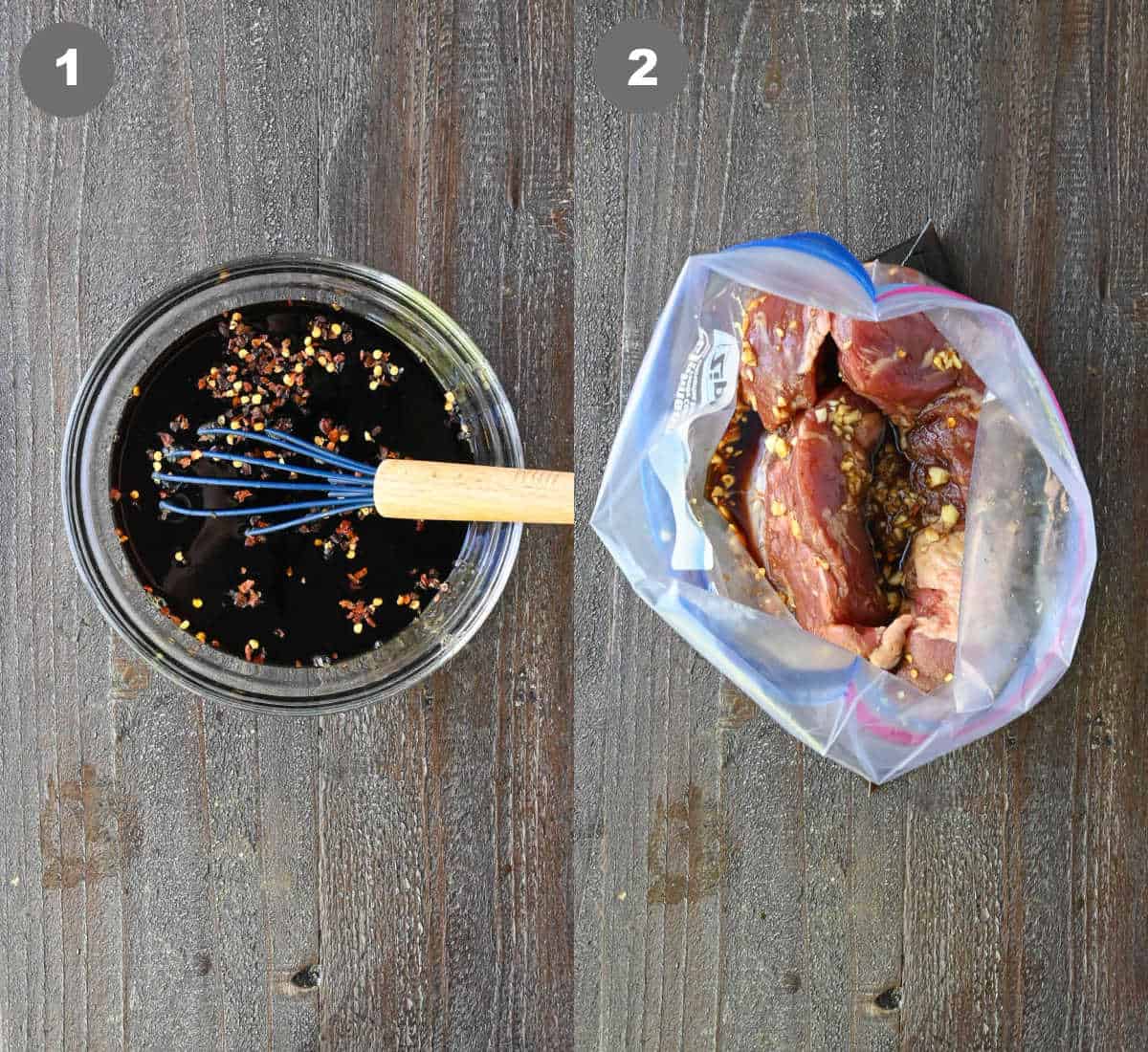 Marinade mixed into a bowl and poured over the tenderloin in a ziplock bag.