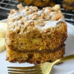 Featured image with a close up of banana crumb coffee cake.
