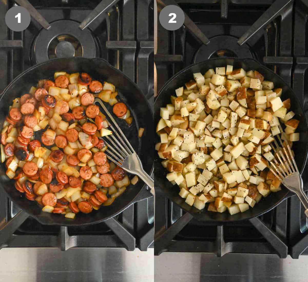 Sausages fried in a skillet then potatoes added in.