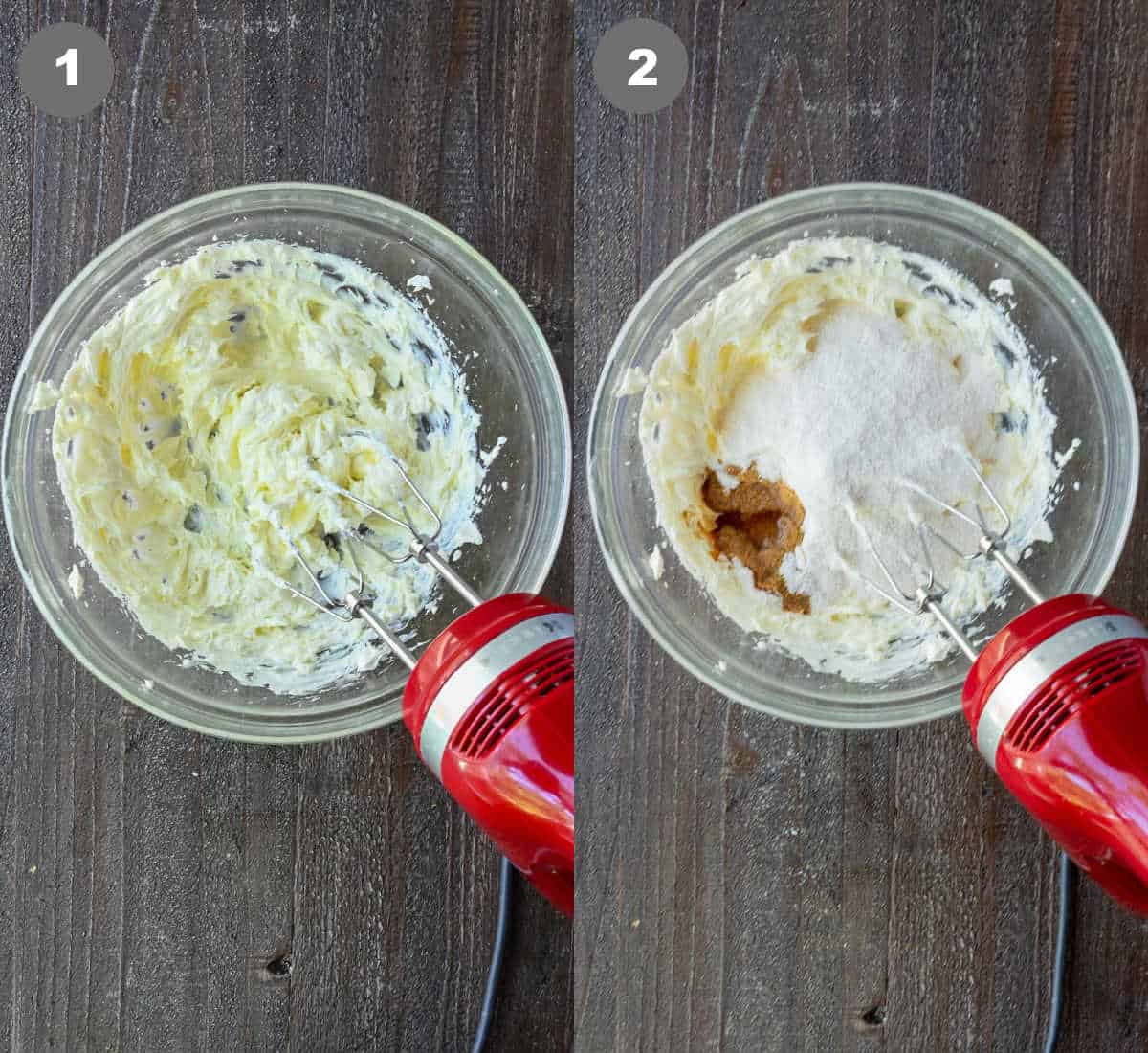 Cream cheese being mixed in a bowl then pudding mix added in.