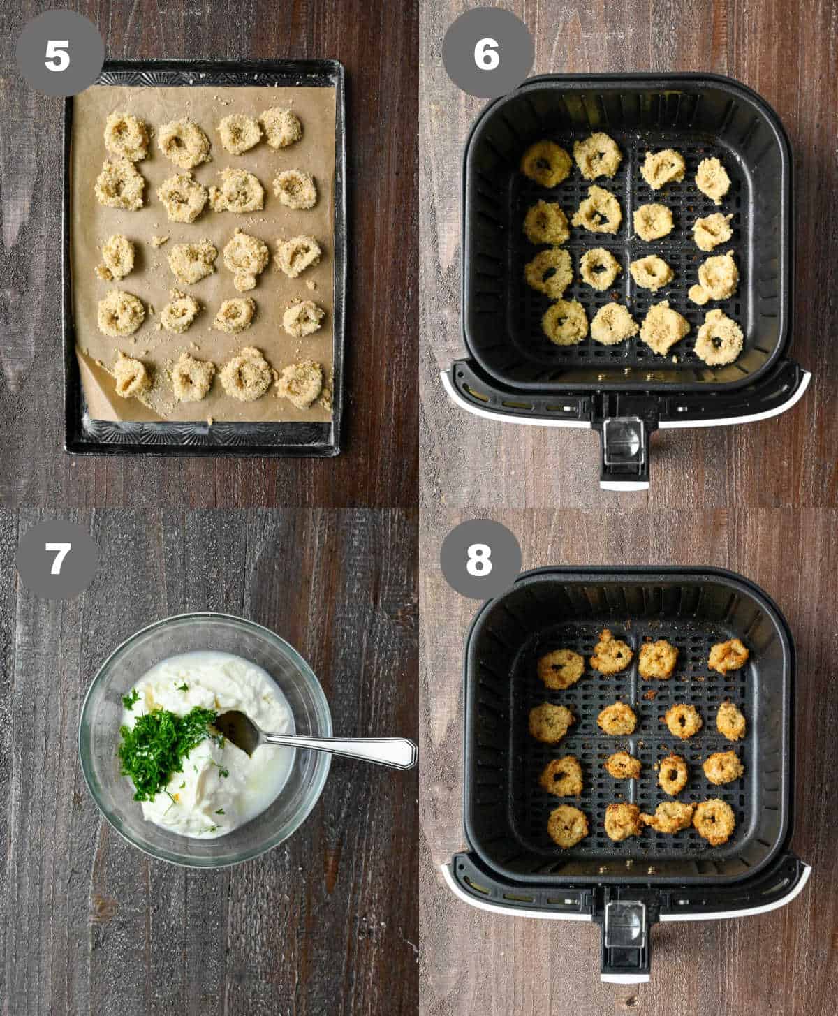 Breaded calamari placed on a baking sheet then into the air fryer to fry. Dill sauce being made in a small bowl.