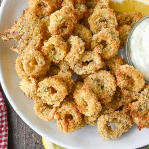 Air fryer calamari on a white plate.