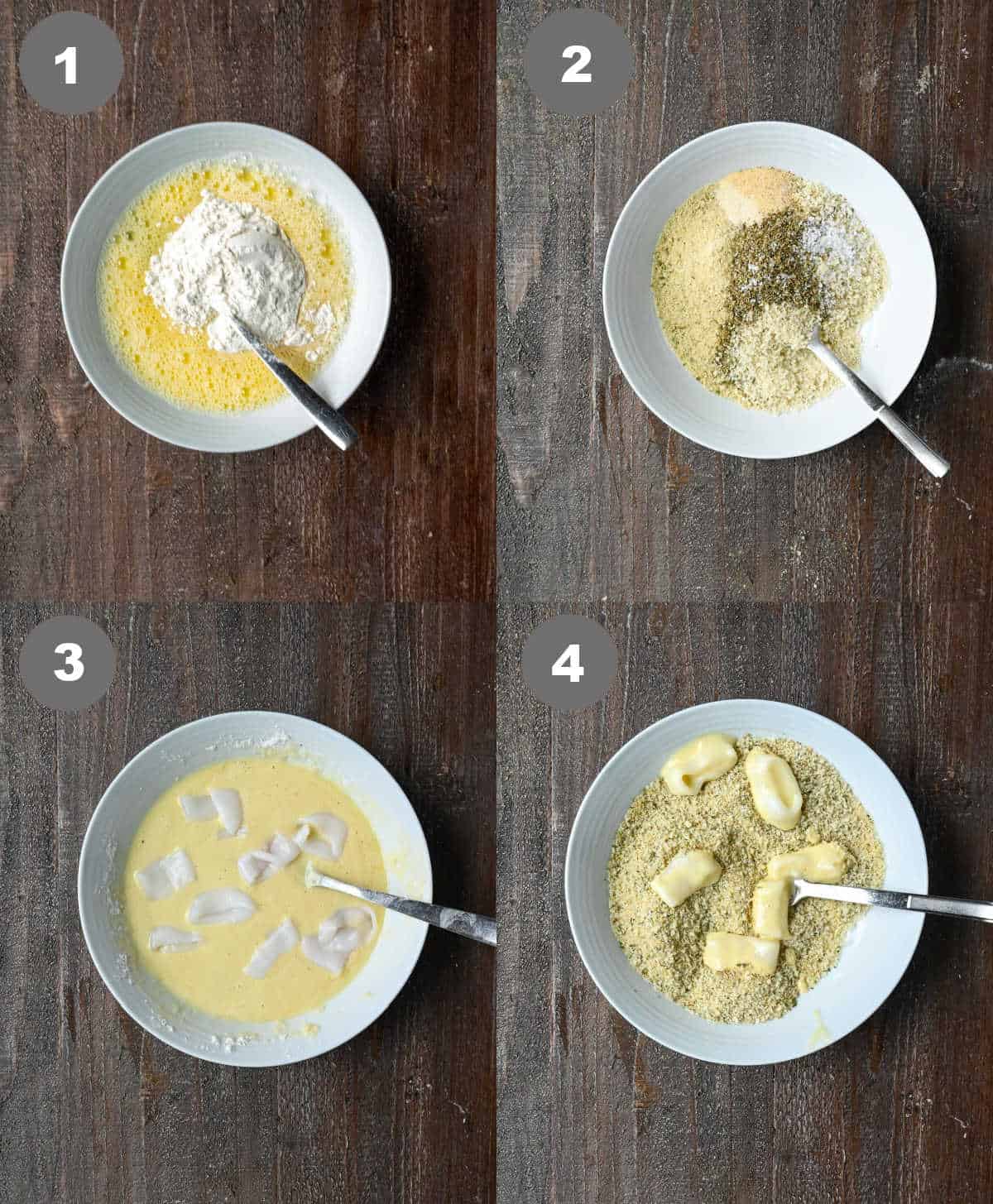 Wet batter and dry batter being mixed in bowls.