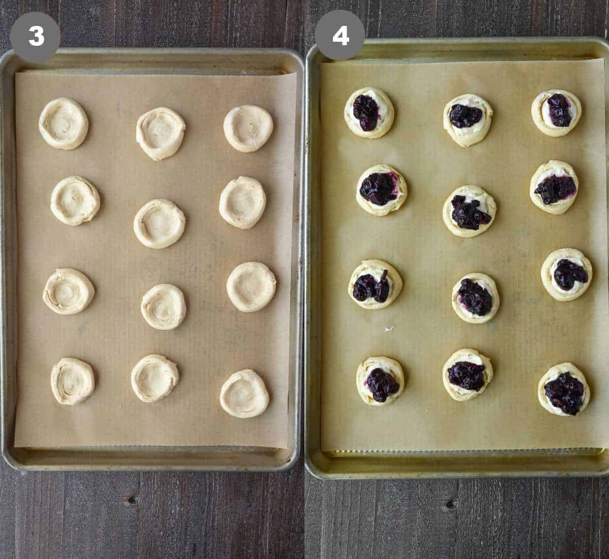 Steps 3 and 4 for making blueberry crescent roll danishes.