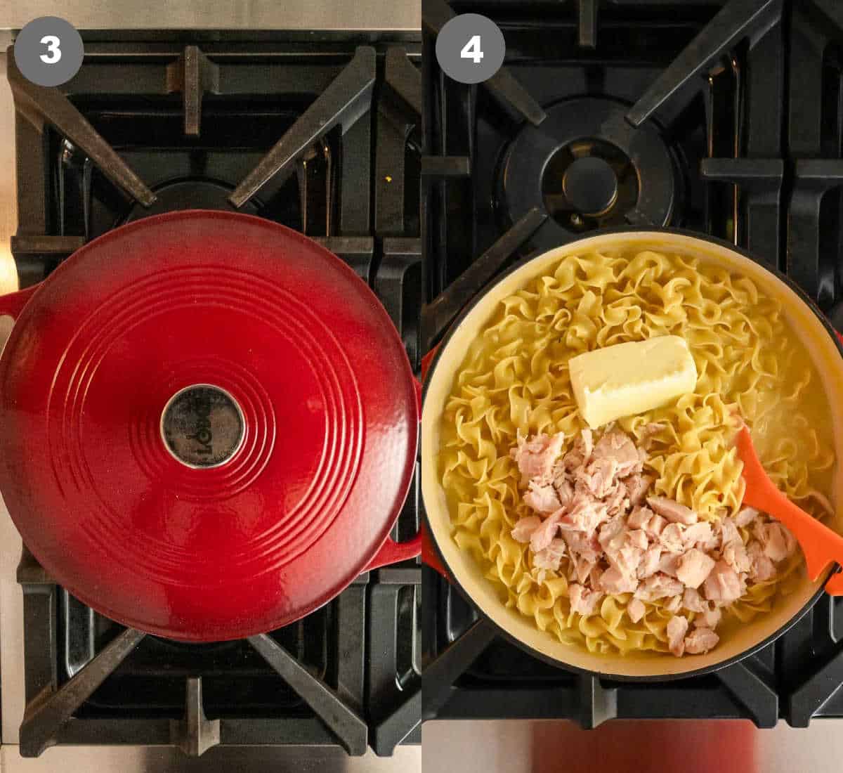 Steps 3 and 4 for making one pot chicken noodle skillet.