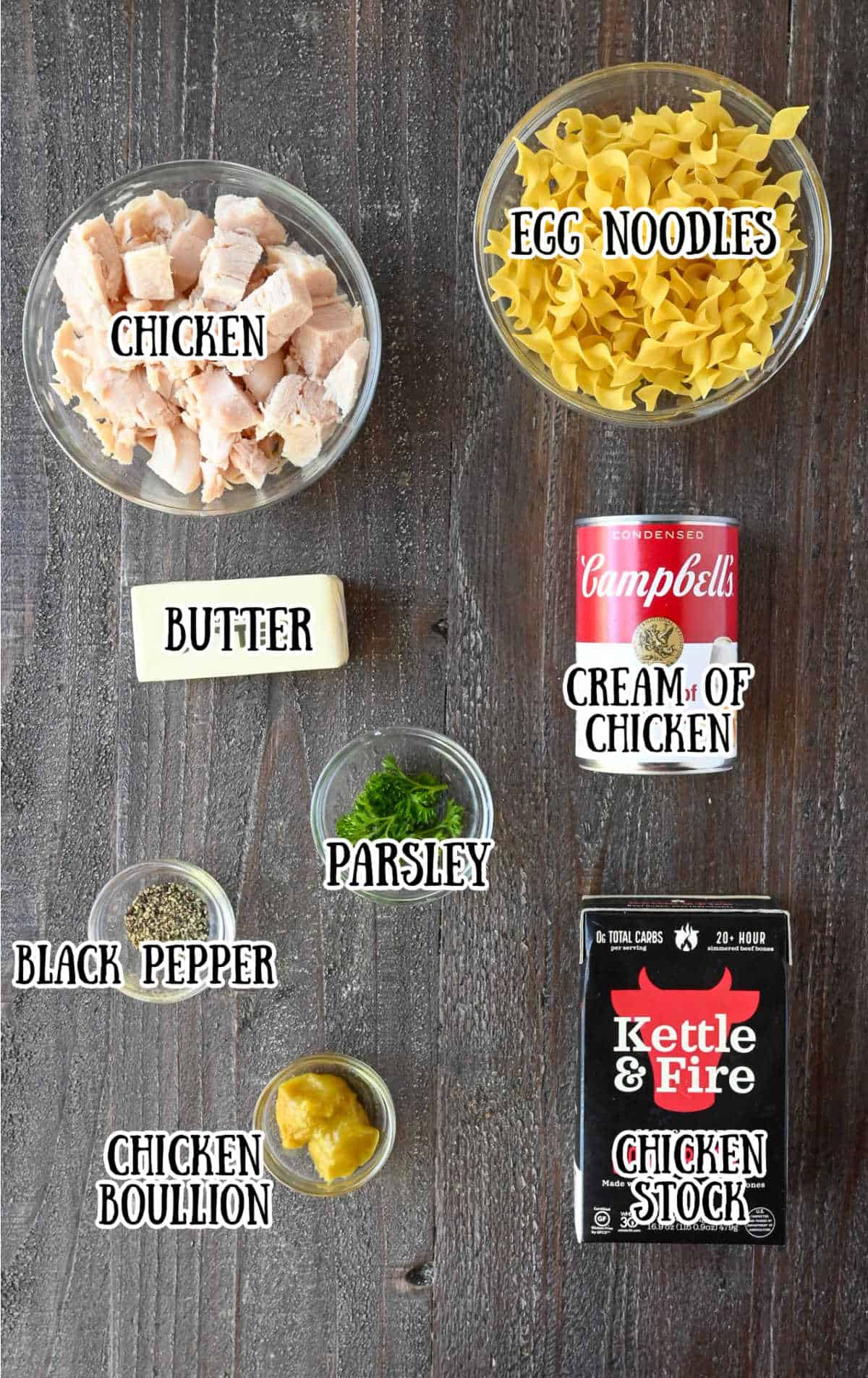 Labeled ingredients for chicken noodle skillet.