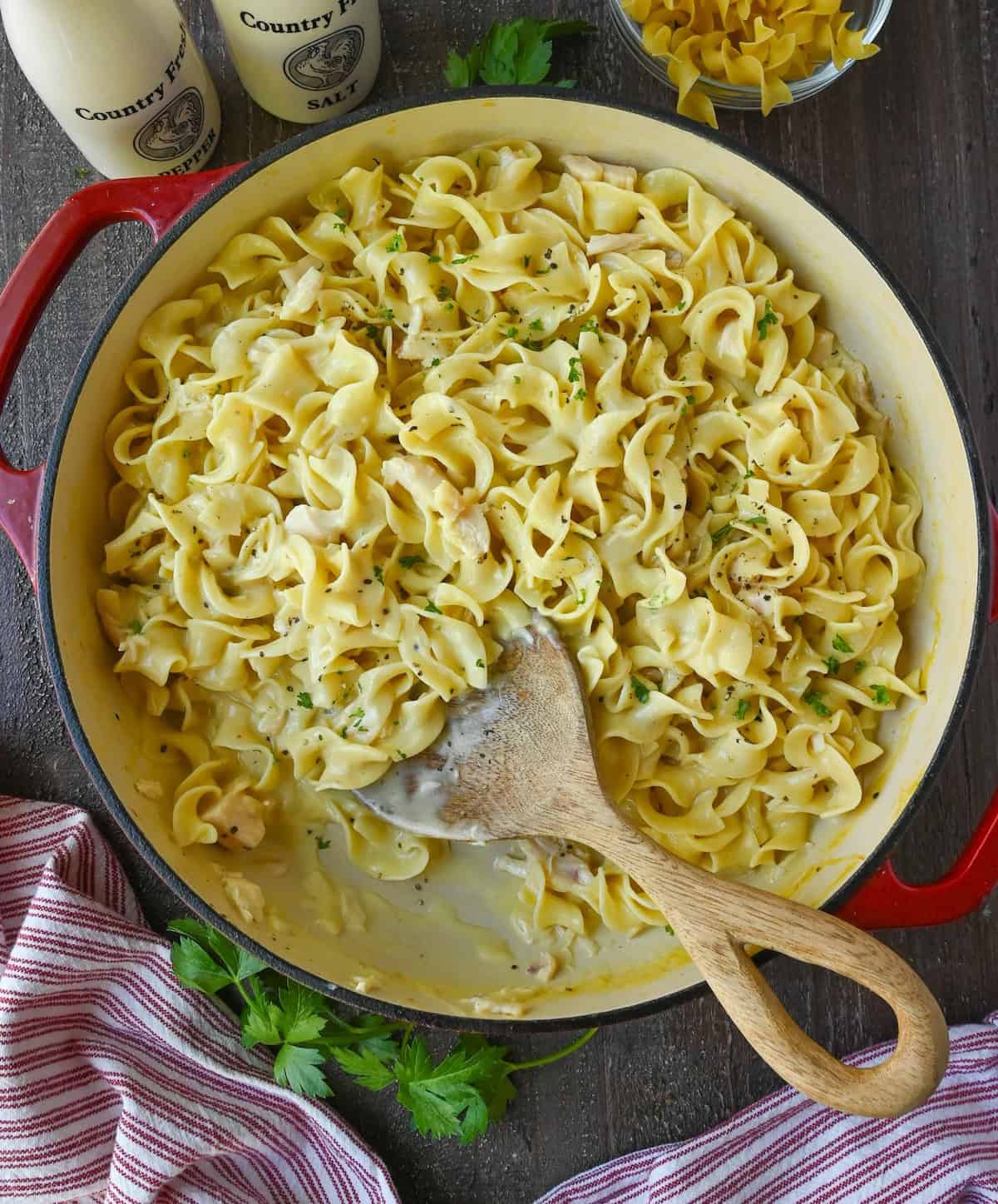 Overhead view of a pot of chicken and noodles skillet.