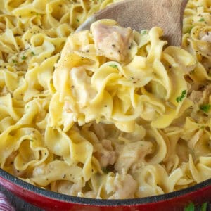 Close up of a wooden spoon taking a scoop of one pot chicken and noodles skillet.