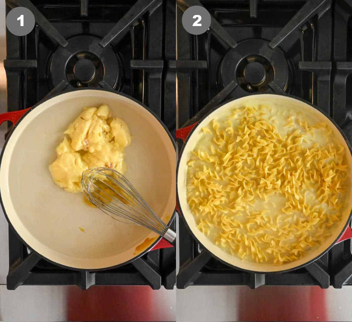 Steps 1 and 2 for making one pot chicken and noodles skillet.