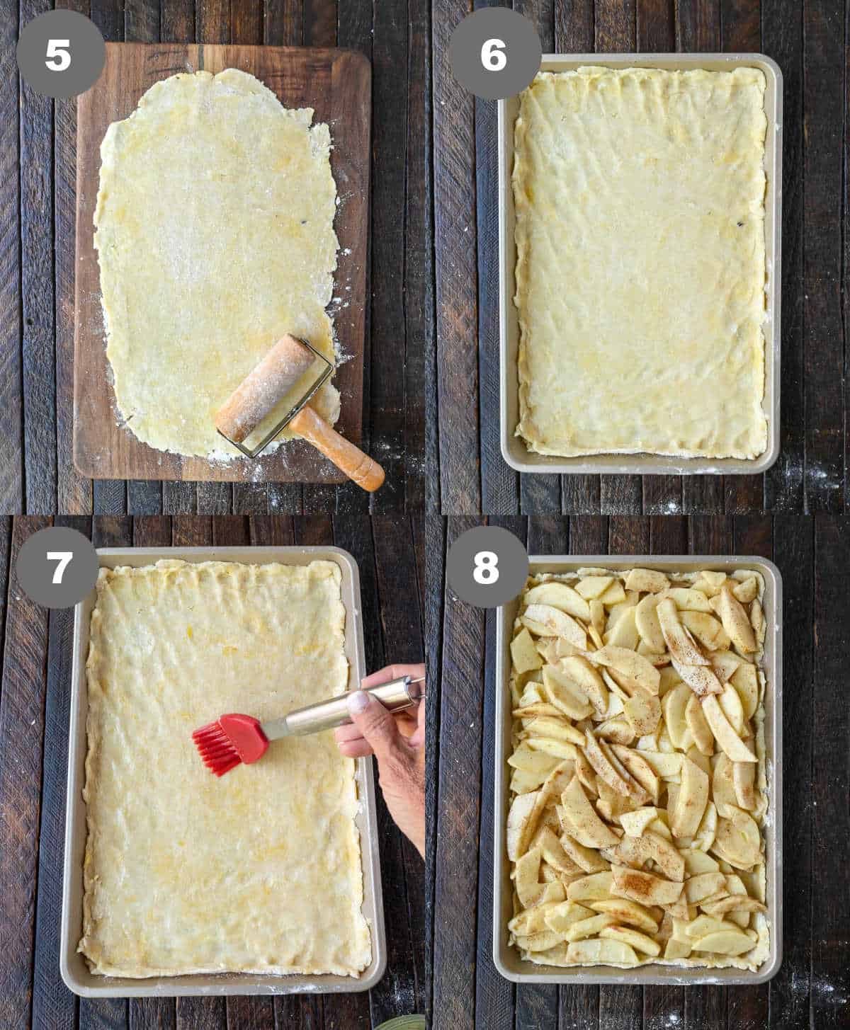 Pie crust rolled out and placed in a pan and apples added.