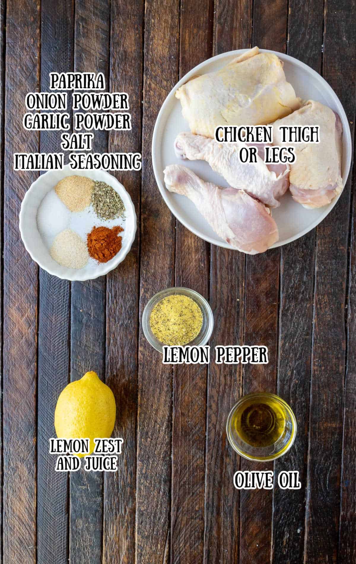 Labeled ingredients for lemon pepper chicken.