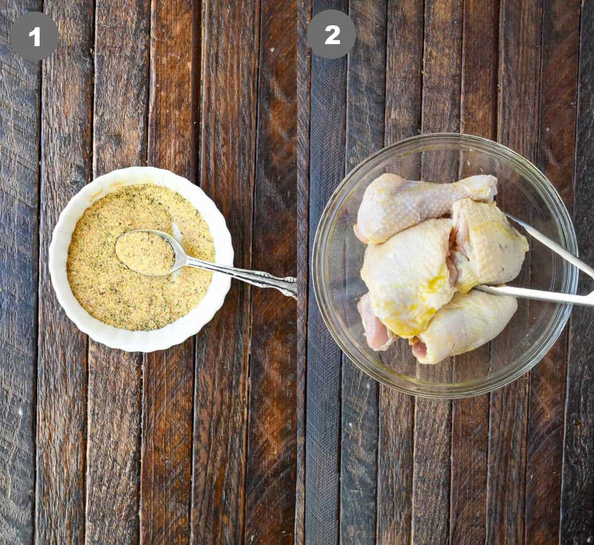 Steps 1 and 2 for making lemon pepper chicken.