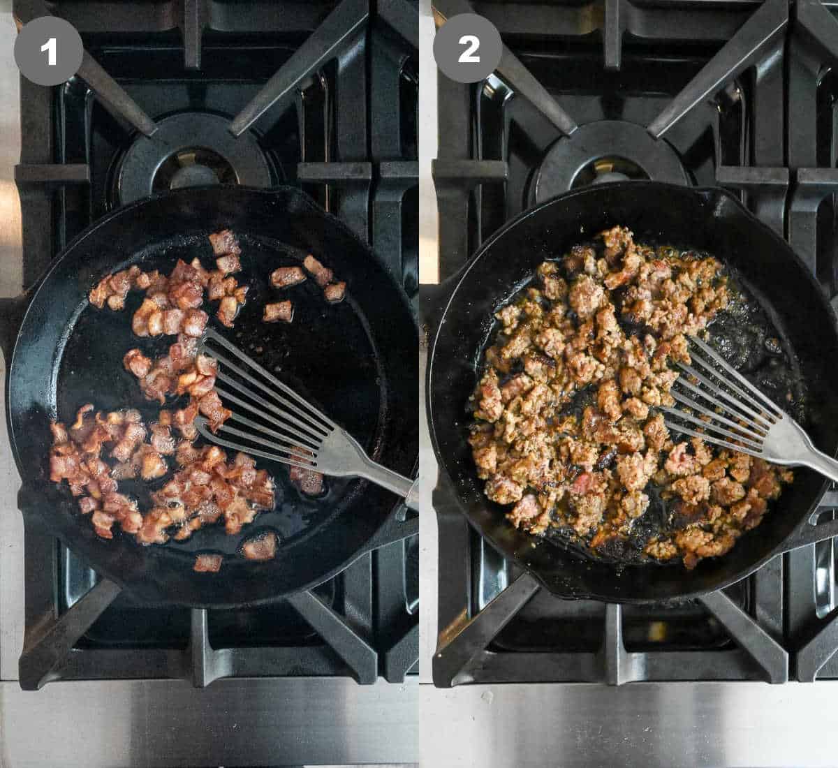 Bacon and sausage being cooked in a skillet.