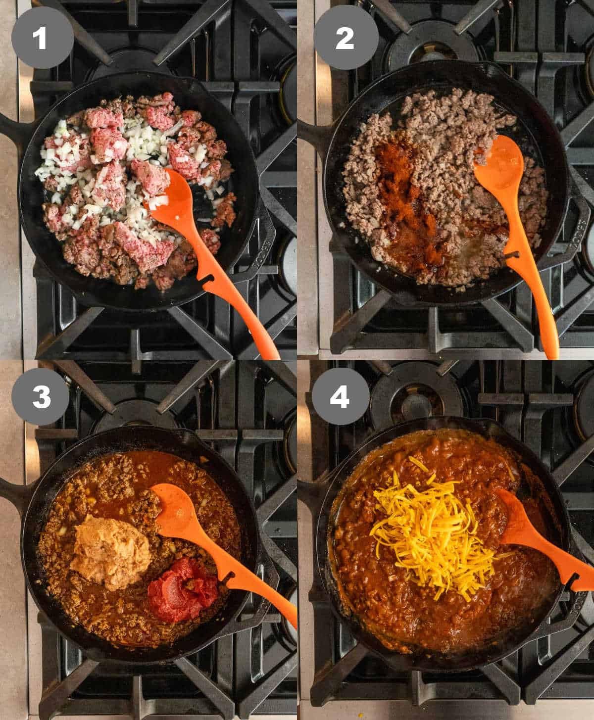 Steps 1 through 4 of making chili cheese burrito filling.