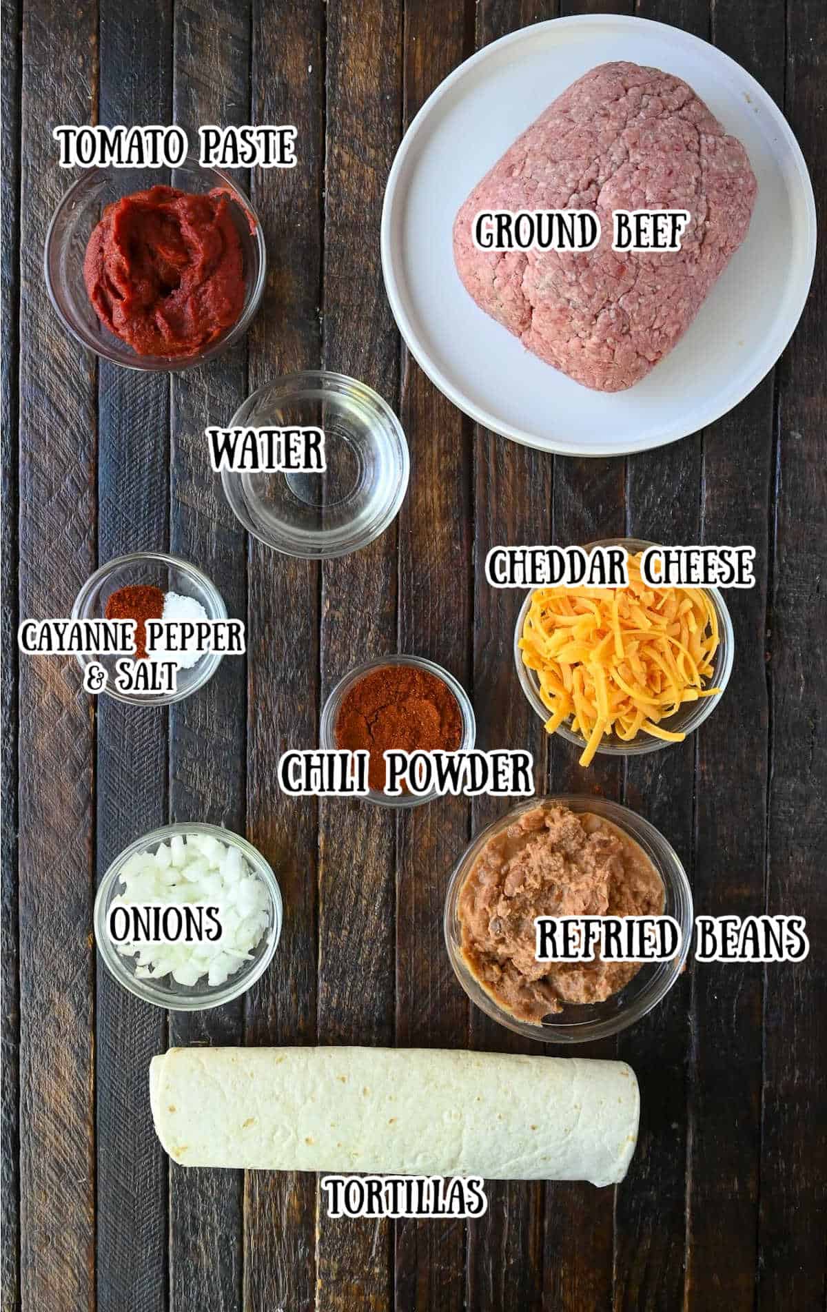 Ingredients for copycat taco bell chili cheese burrito.