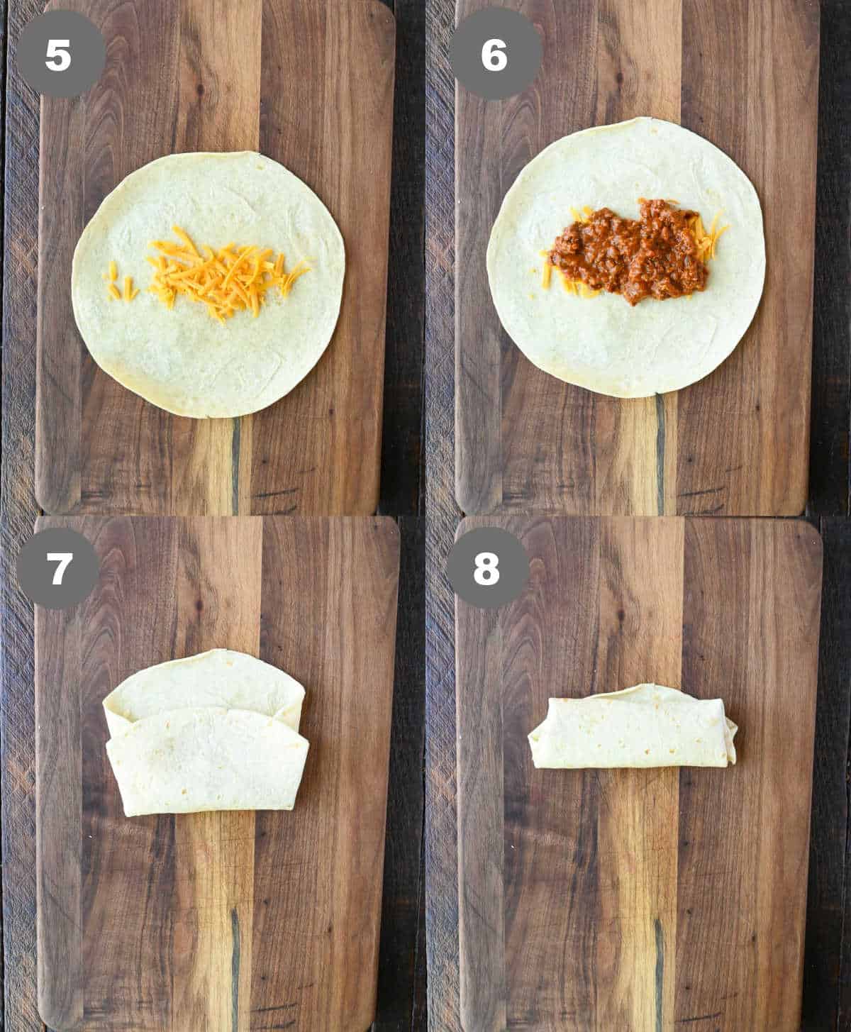 Steps 5 through 8 of making chili cheese burritos.