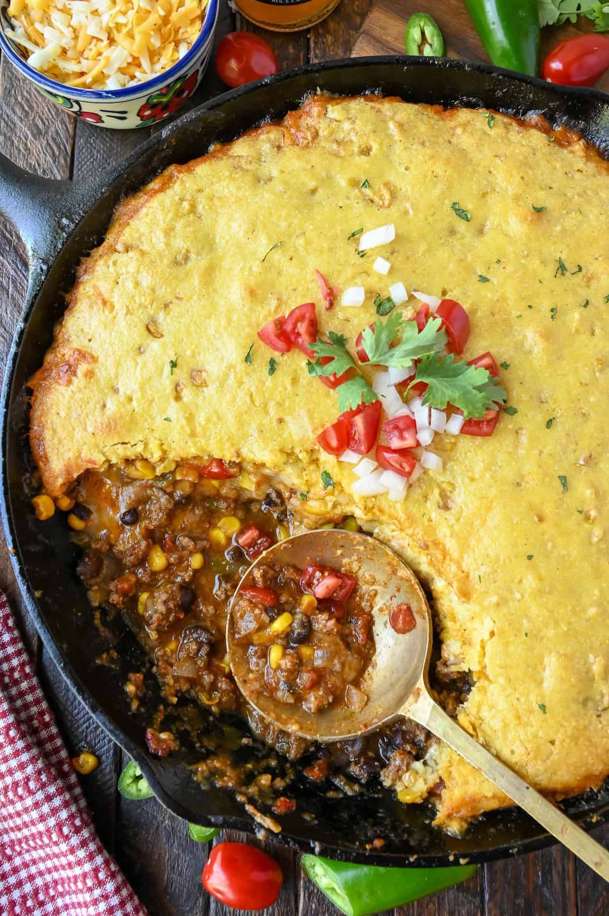 Overhead view of cowboy cornbread casserole.