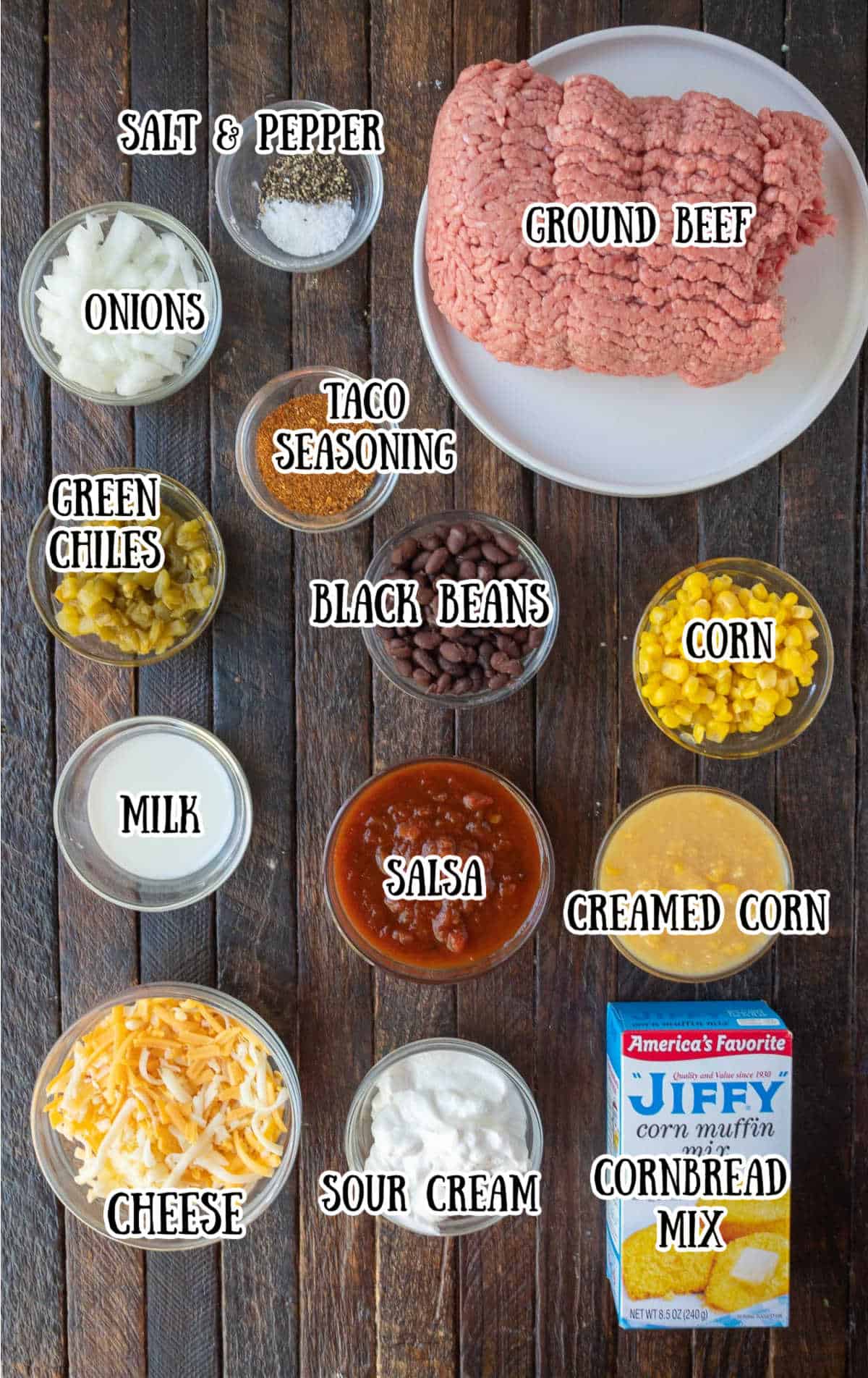 Labeled ingredients for cowboy cornbread casserole.