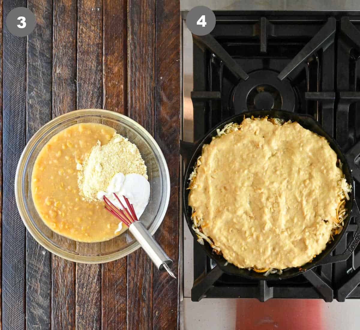 Steps 3 and 4 for making cornbread casserole.