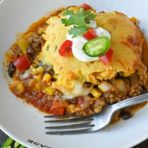 A plate of cowboy cornbread casserole.