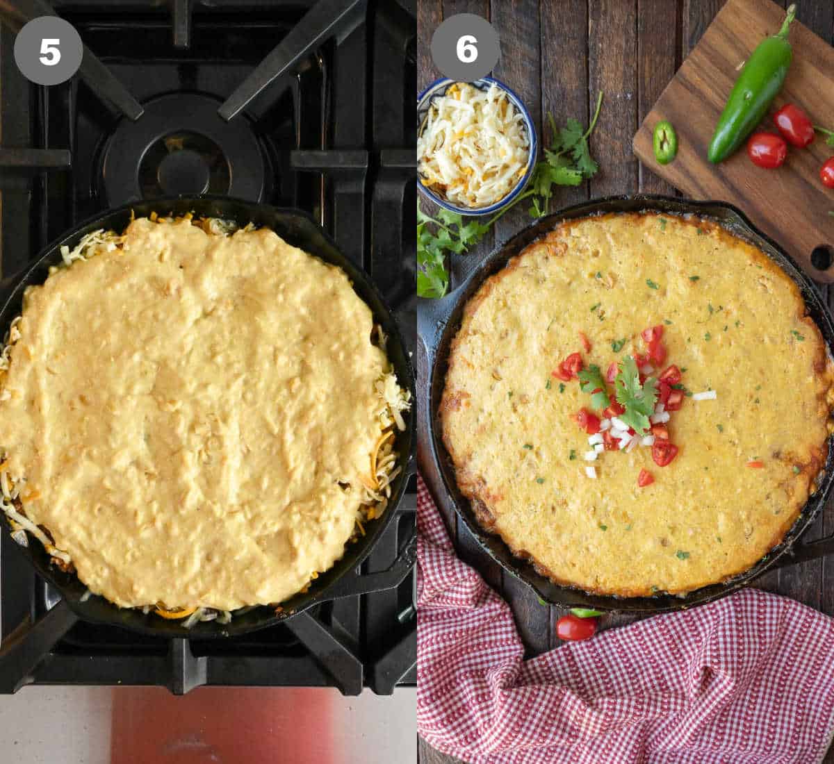 Steps 5 and 6 for making cowboy cornbread casserole.